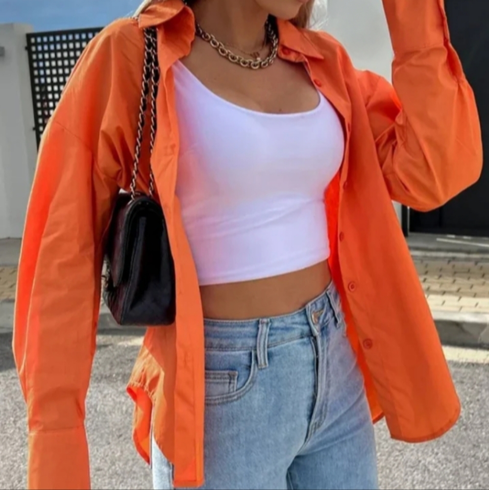 Women Orange collared buttoned long sleeve shirt - Picture 1 of 9